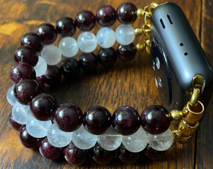 Moonstone (AAA) Garnet (AAA) Stainless Steel Beaded Apple Watch Band