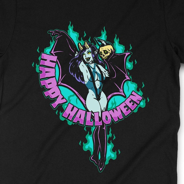 Happy Halloween Sexy Pinup Succubus Devil Tshirt Goth Flaming Fire Demon Psychobilly Girl 0774