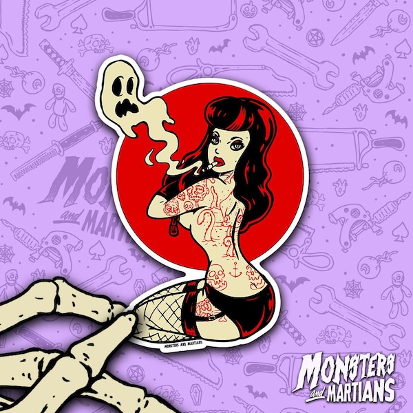 Goth Girl Pinup Vinyl Sticker, Horror Punk Decal, Psychobilly Sticker, Gothabilly, Laptop Decals, Murderino Stickers, Rockabilly Style 0063