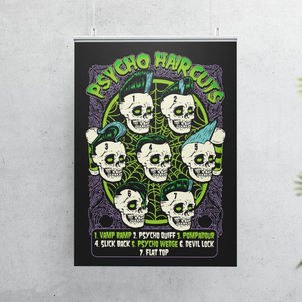 Psychobilly Haircuts Wall Poster, Horror Punk Art, Pompadour Hairstyle, Barbershop Poster | (0350)
