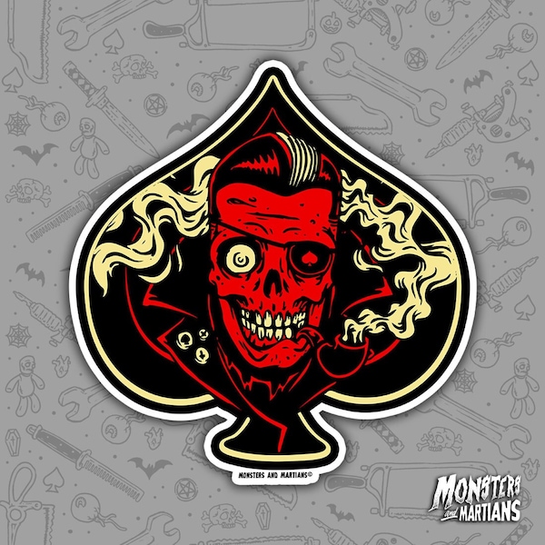 Ace of Spades Zombie Vinyl Sticker, Horror Punk Decal, Psychobilly Rockabilly Sticker, Lowbrow Art, Laptop Decals, Halloween Stickers