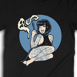 Sexy Asian Goth Girl Pinup T-Shirt, Horror Punk Shirt, Psychobilly Clothing, Rockabilly Style Apparel, Tattooed Pinup Girl T-Shirt 0950