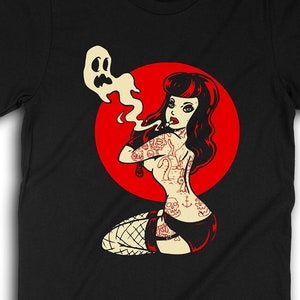 Goth Girl Pinup T-Shirt, Horror Punk Shirt, Psychobilly Clothing, Rockabilly Style Apparel, Tattooed Pinup Girl, Gothabilly Gifts 0063