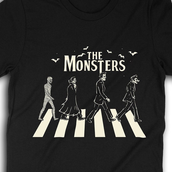 The Monsters Abbey T-Shirt, Frankenstein Dracula Wolfman Mummy Shirt, Classic Monsters Walking on the Road 0255