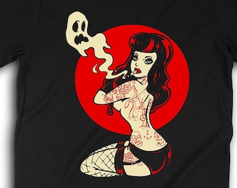 Goth Girl Pinup T-Shirt, Horror Punk Shirt, Psychobilly Clothing, Rockabilly Style Apparel, Tattooed Pinup Girl, Gothabilly Gifts 0063