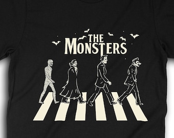 The Monsters Abbey T-Shirt, Frankenstein Dracula Wolfman Mummy Shirt, Classic Monsters Walking on the Road 0255
