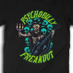 Psychobilly Bass Player T-Shirt, Horror Punk Shirt, Psychobilly Clothing, Rockabilly Style Apparel, Pompadour Skull T-Shirt, Gothabilly 0901