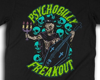 Psychobilly Bass Player T-Shirt, Horror Punk Shirt, Psychobilly Clothing, Rockabilly Style Apparel, Pompadour Skull T-Shirt, Gothabilly 0901