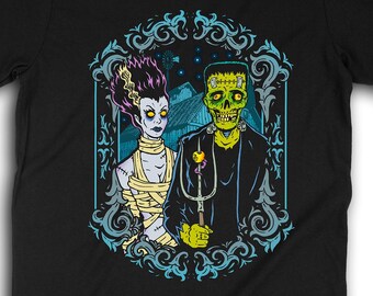 American Gothic T-Shirt, Horror Punk Shirt, Psychobilly and Rockabilly Apparel, Frankenstein and Bride T-Shirt, Gothabilly Gifts 0366