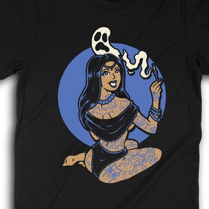 Bollywood Goth Girl Pinup T-Shirt, Horror Punk Shirt, Psychobilly Clothing, Rockabilly Style Apparel, Tattooed Pinup Girl T-Shirt 0953