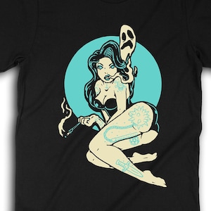 Sexy Goth Girl Pinup T-Shirt, Horror Punk Shirt, Psychobilly Clothing, Rockabilly Style Apparel, Tattooed Pinup Girl T-Shirt 0951