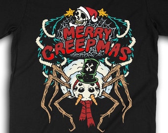 Camisa Merry Creepmas, camiseta navideña de pesadilla, arte de terror, camiseta navideña espeluznante de muñeco de nieve y araña 1199