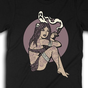 Voodoo Goth Girl Pinup T-Shirt, Horror Punk Shirt, Psychobilly Clothing, Rockabilly Style Apparel, Tattooed Pinup Girl T-Shirt 0952