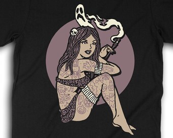 Voodoo Goth Girl Pinup T-Shirt, Horror Punk Shirt, Psychobilly Clothing, Rockabilly Style Apparel, Tattooed Pinup Girl T-Shirt 0952