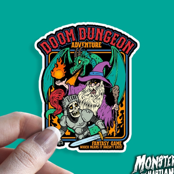 Doom Dungeon Tabletop Gamer Fantasy Role-playing RPG Vinyl Sticker, Wizard Dragon Art Decal, Funny Weird Sticker, Gamer Geek Nerd