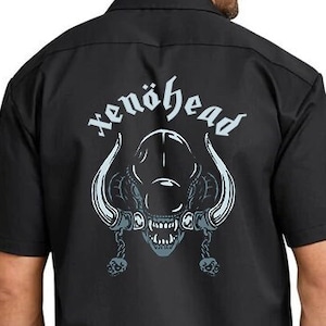 Xenohead Alien Xenomorph Heavy Metal Skull Custom Print Garage Mechanic Work Shirt Short Sleeve Button Up