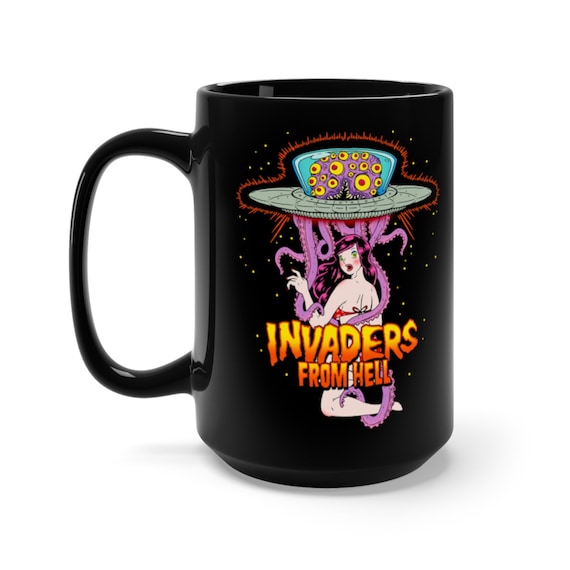 Retro Black Cup, Unique Ceramic Cup, Durable Ceramic, Rockabilly Horror Alien Abduction Drinkware, Dishwasher Safe Gothic Gift