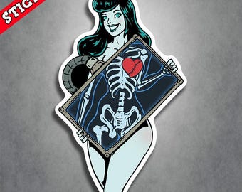 Horror Punk Art Sticker - Goth Girl X-Ray Pinup Decal, Kustom Kulture Lowbrow Style