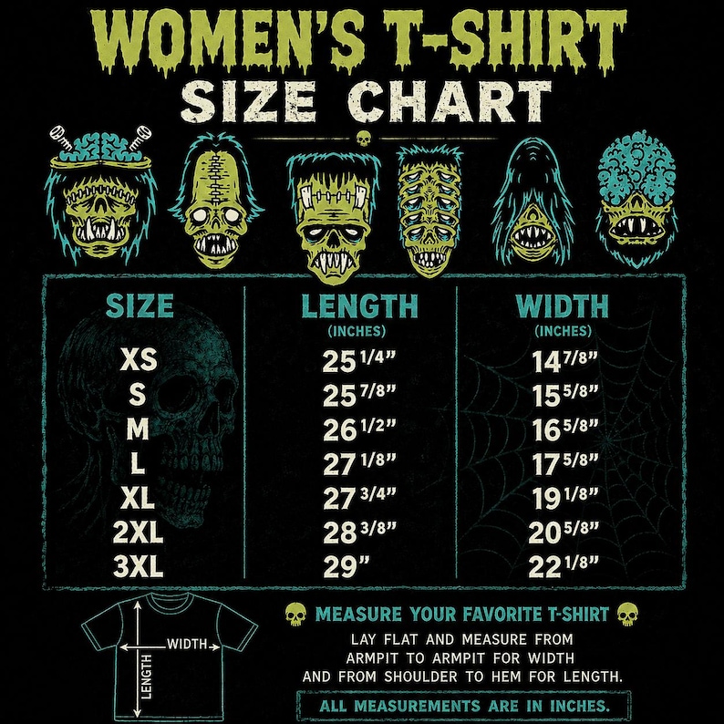 The image is a size chart for women's t-shirts, providing measurements for different sizes such as XS, S, M, L, XL, 2XL, 3XL, and XXL. The chart includes illustrations of various monster heads to help visualize the size differences. The chart also provides instructions for measuring a favorite t-shirt, including laying flat and measuring from the armpit to the armrest for width and from the shoulder to the hem for length. All measurements are in inches.