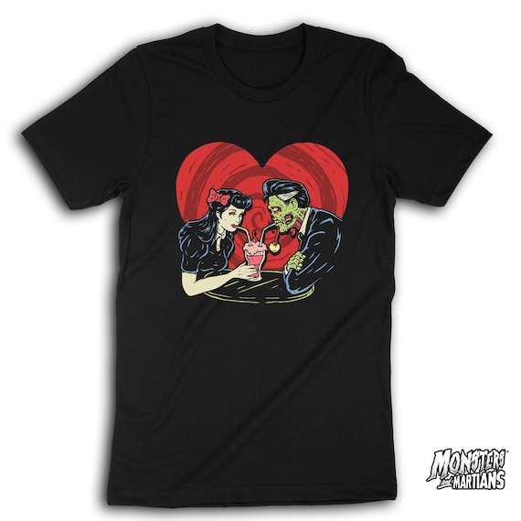 Romance of the Dead Heart Milkshake Zombie Love Halloween Shirt Rockabilly Punk Zombie and Pinup Girl Retro Soda Jerk 0902alt