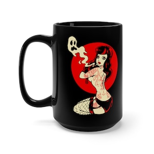 Goth Girl Burlesque Sexy Pinup Tattooed Psychobilly Coffee Mug, Black, 15oz or 11oz