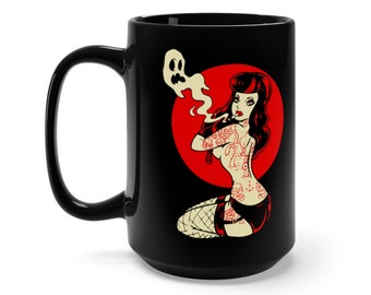 Unique Gothic Gift, Tattoo Inspired Art, Horror Movie Mug, Rockabilly Goth Cup, Retro Psychobilly Drinkware, Durable 15oz Ceramic