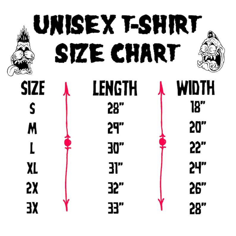 May include: Unisex t-shirt size chart with measurements in inches. The chart shows the length and width of the shirt for sizes S, M, L, XL, 2X, and 3X.
