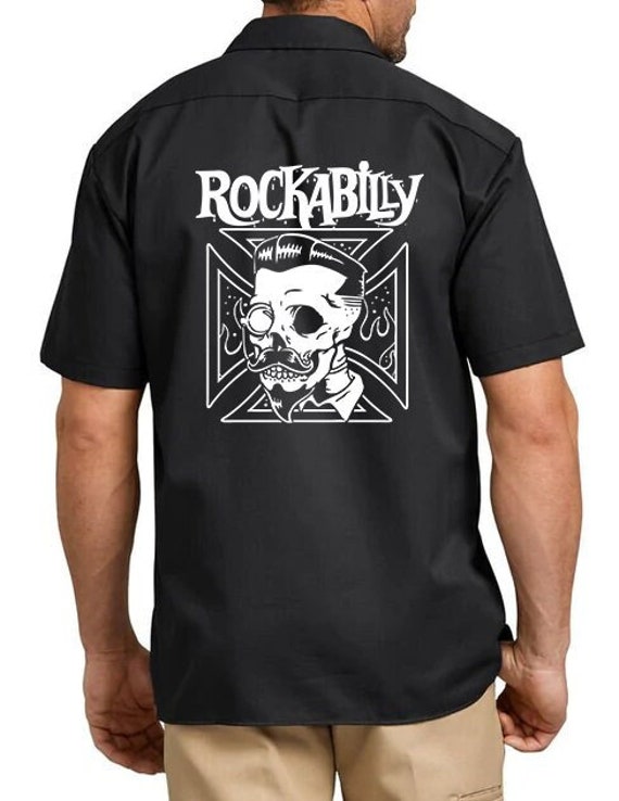 Rockabilly Skull Iron Cross Dapper Pompadour Skeleton Custom Print Garage Mechanic Work Shirt Short Sleeve Button Up