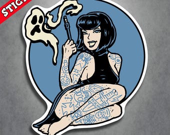 Goth Girl Stickers, Psychobilly Sticker, Pinup Girl Decal, Alternative Art, Horror Punk Style, Durable Vinyl, Waterproof Design