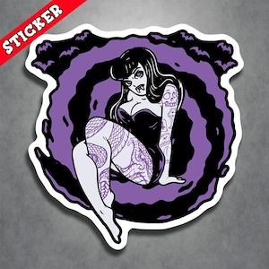 May include: Purple and black sticker featuring a pin-up style illustration of a woman with a skull tattoo and snake tattoos on her leg. The woman is sitting in a purple cloud.