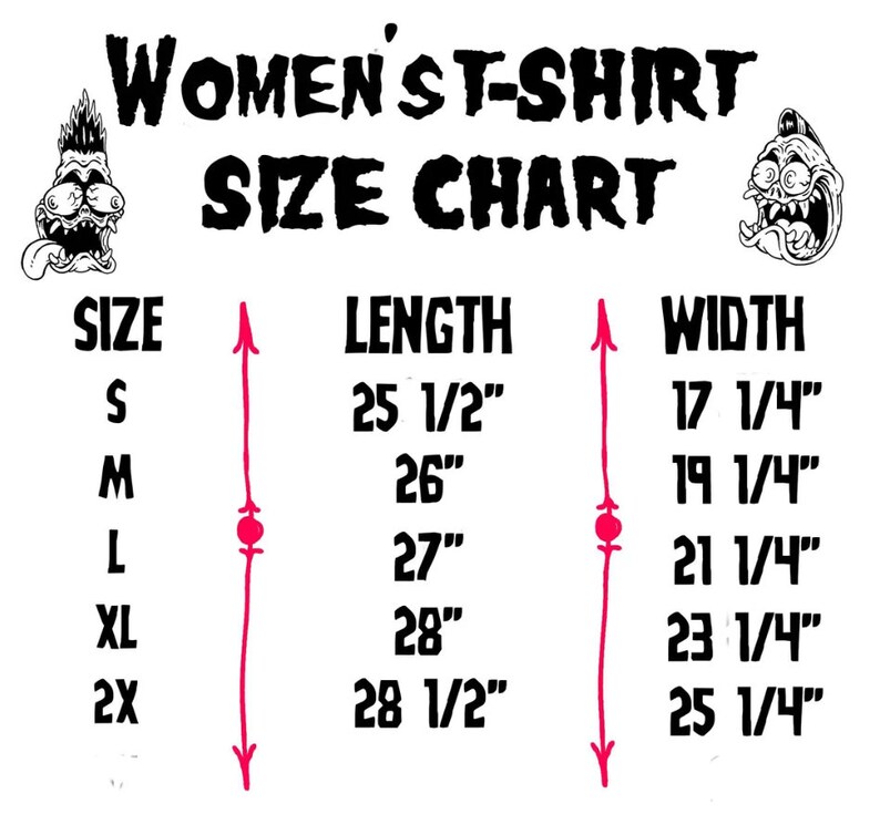 Puede incluir: Una tabla de tallas para camisetas de mujer con medidas en pulgadas. La tabla muestra la talla, la longitud y el ancho de las camisetas en tallas S, M, L, XL y 2X.