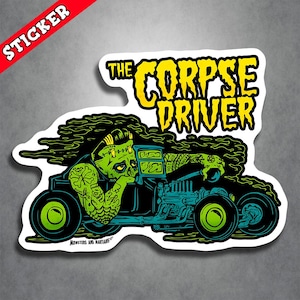 Halloween Sticker, Waterproof Vinyl, Psychobilly Art, Corpse Driver Zombie Decal, Punk Lowbrow Design, Durable Outdoor Adhesive