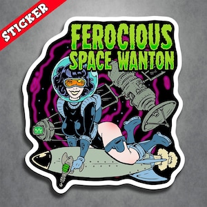 Aliens Sticker, UFO Stickers, Rocket Ship, Spacegirl Decal, Psychobilly Pinup Art, Retro Kinky Girl Design, Durable Vinyl