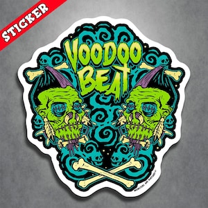 Horror, Rockabilly, Psychobilly, Voodoo Beat Vinyl Decal, Creepy Tiki Shrunken Head Sticker, Halloween Laptop Art