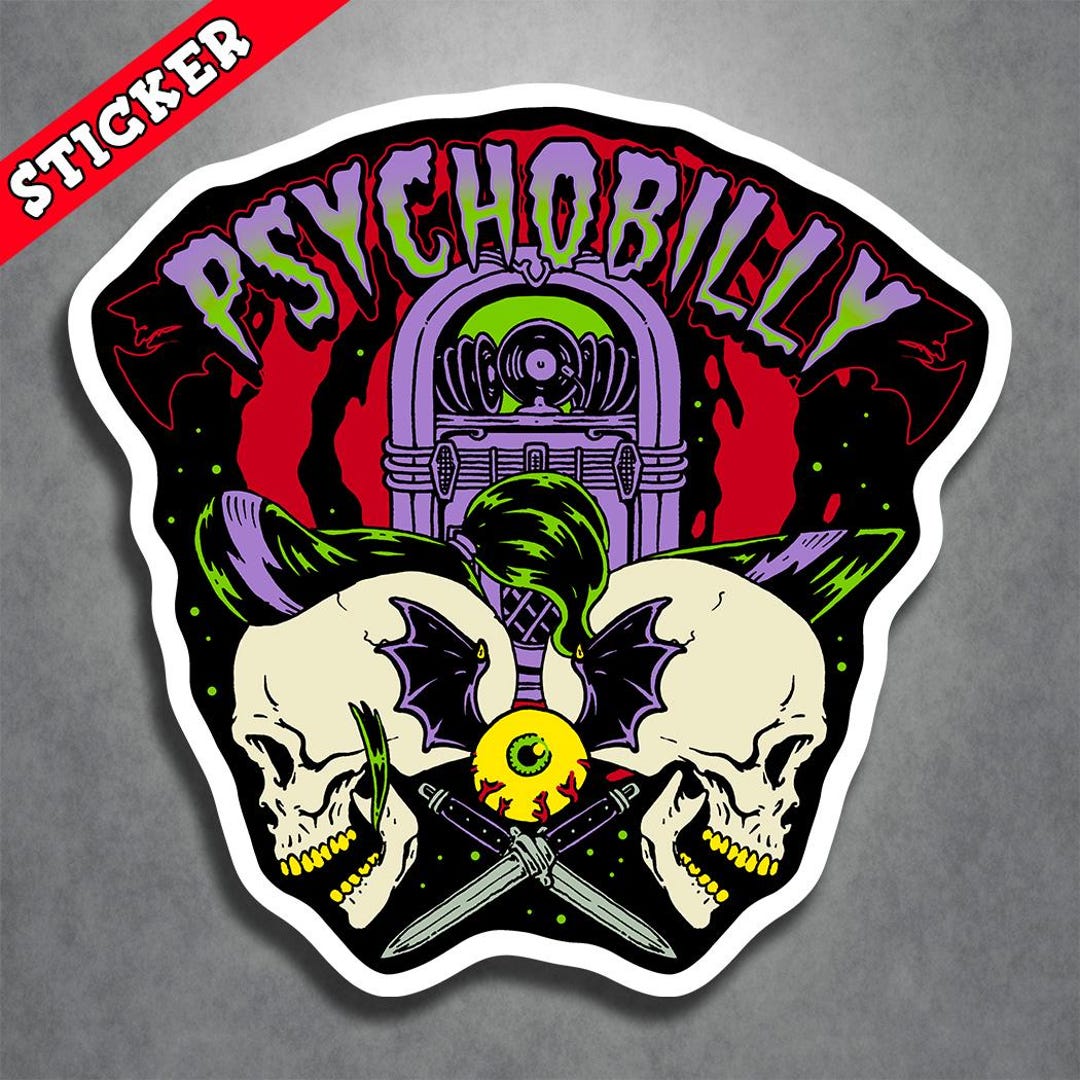 Psychobilly Sticker: Goth Girl Jukebox Skull Art Decal - Horror