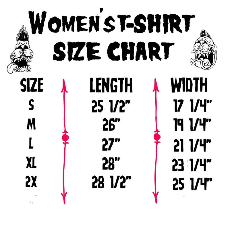 May include: Women's t-shirt size chart with measurements in inches. The chart shows sizes S, M, L, XL, and 2X with corresponding length and width measurements.