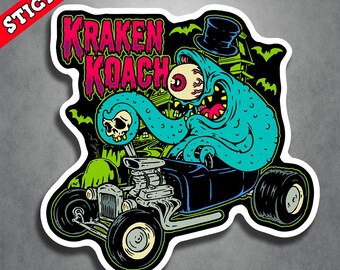 Monster Hot Rod Sticker, Kraken Cyclops Demon Vinyl Decal | Psychobilly Punk Art | Durable Garage Decor