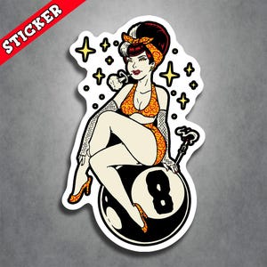 Casino Style Decal, Rockabilly Pinup Art, Psychobilly Decal, Retro Vinyl Sticker, Scratch Resistant Design, Outdoor Rated Adhesive