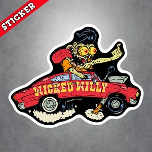 May include: A red car with the words "Wicked Willy" on the side. A cartoon character with large eyes and a mischievous grin is driving the car. The car is speeding with smoke coming from the back tires.