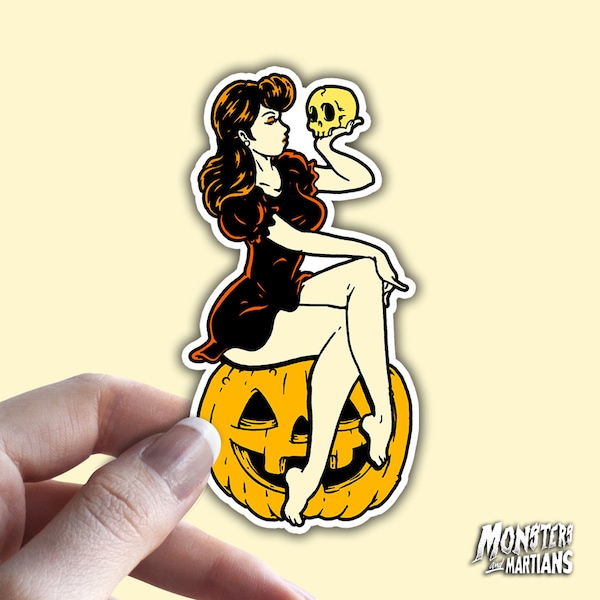 Boujee Girl Pinup Sticker, Halloween Pumpkin Sticker, Rockabilly Style, Psychobilly Girl, Girl in Graveyard with Skull Decal, 1203