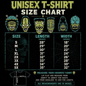 The image is a size chart for a t-shirt, featuring illustrations of various monster heads and corresponding measurements in inches.