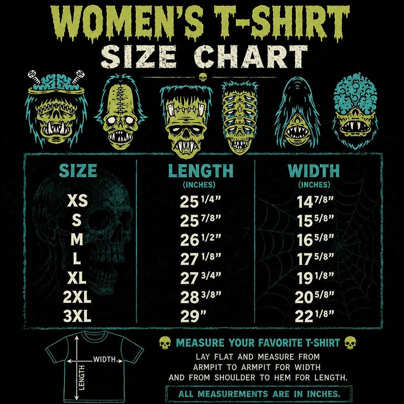 The image is a size chart for women's t-shirts, providing measurements for different sizes such as XS, S, M, L, XL, 2XL, 3XL, and XXL. The chart includes illustrations of various monster heads to help visualize the size differences. The chart also provides instructions for measuring a favorite t-shirt, including laying flat and measuring from the armpit to the armrest for width and from the shoulder to the hem for length. All measurements are in inches.