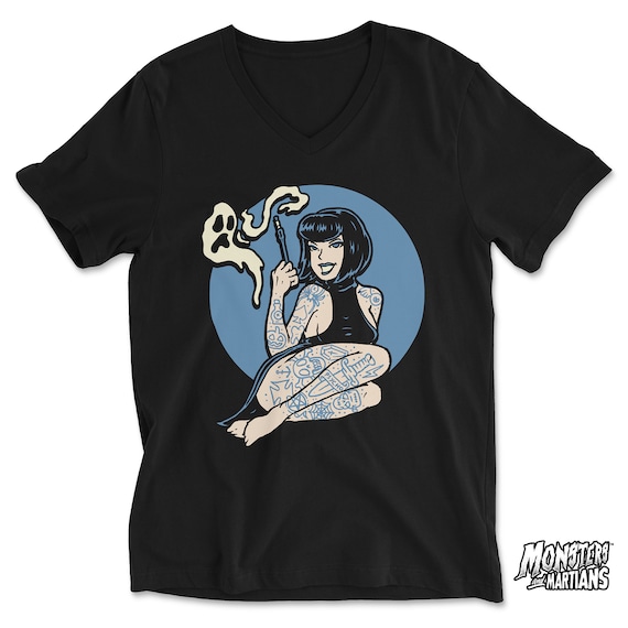 Sexy Asian Goth Girl Pinup T-shirt, Horror Punk Shirt, Psychobilly