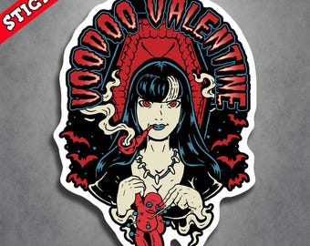 May include: A die-cut sticker featuring a dark-haired figure with red eyes holding a red voodoo doll with pins. The figure smokes a pipe in front of a red coffin. The text VOODOO VALENTINE is arched above in bold blue letters with red outlines.