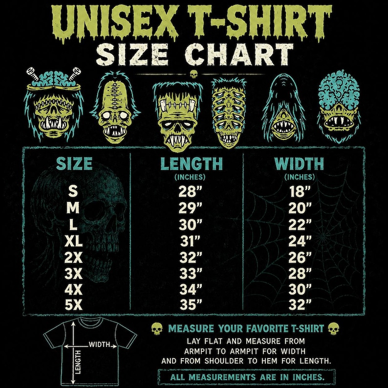 The image is a size chart for a t-shirt, featuring illustrations of various monster heads and corresponding measurements in inches.