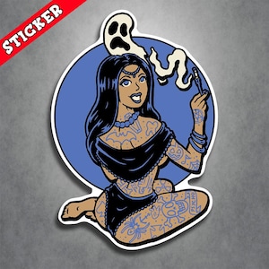 May include: A sticker featuring a pin-up style illustration of a woman with long black hair and a black dress. She is sitting with a ghost behind her and holding a cigarette. The woman has tattoos on her arms and legs, including a skull, a spider, and the word "Psycho".