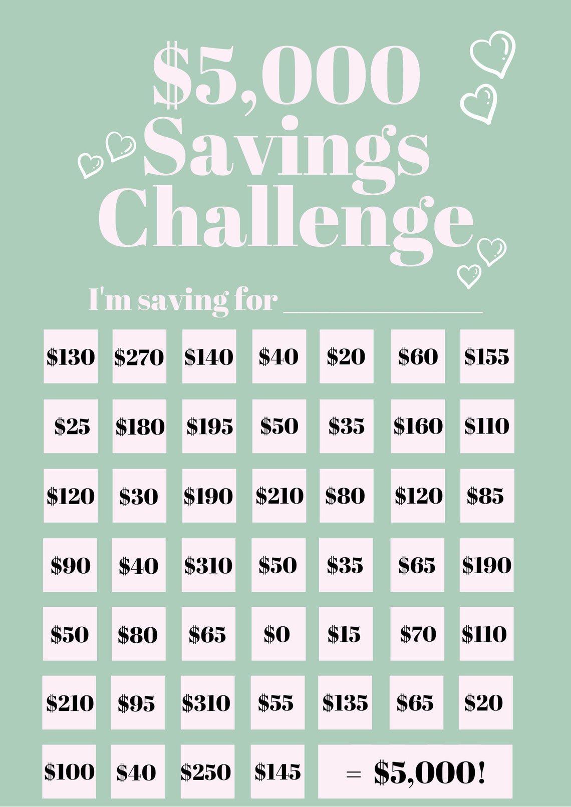 5000 SAVINGS CHALLENGE Printable Trackable Fun GREEN Etsy UK