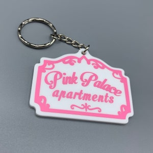 Coraline inspired Pink Palace apartments decorative keyring.