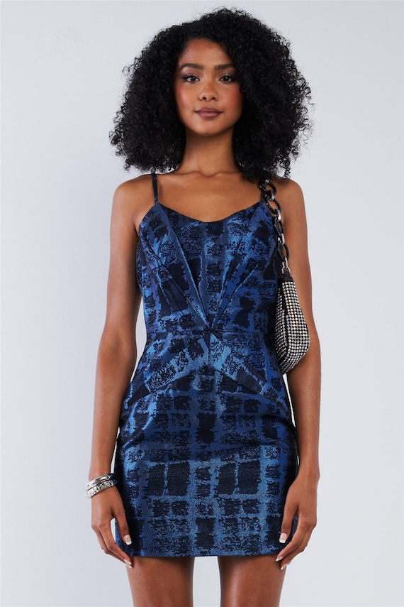 Cobalt blue black pattern printed disco mini dress