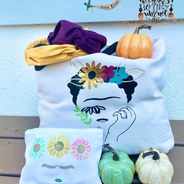 Frida Kahlo Inspired Tote Bag, Accessory Pouch